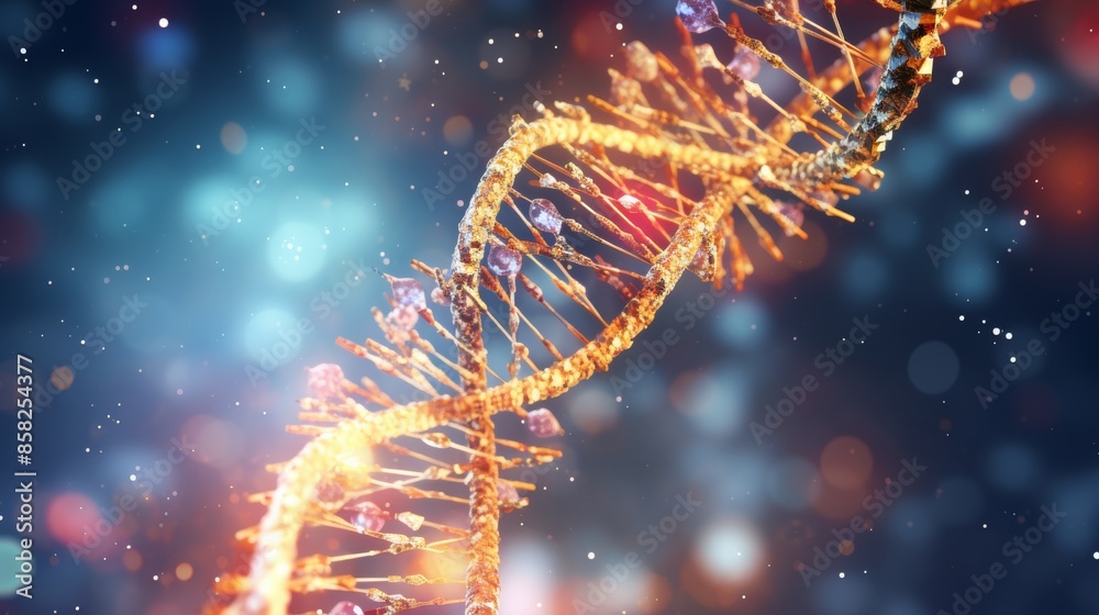 Aufkleber A dynamic animation of a digital DNA molecule, its structure seamlessly merging with a human cell, highlighting the central role of DNA in cellular processes.