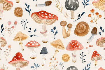 Stylish seamless pattern with watercolor hand-drawn abstract forest mushrooms, flowers, and snails. Kids wallpaper.