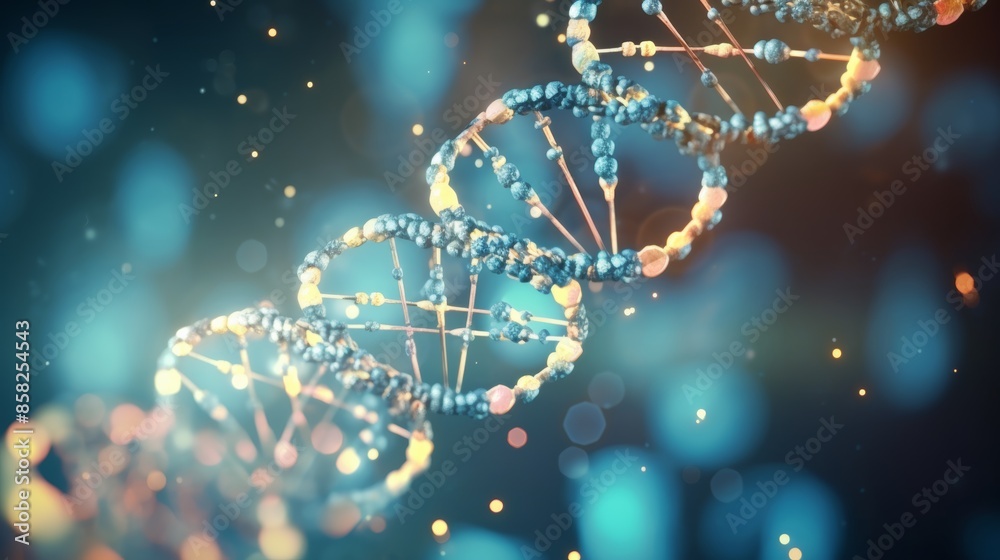Aufkleber a dynamic animation of a digital dna molecule, its structure seamlessly merging with a human cell, h