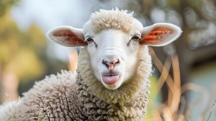 Naklejka premium Funny sheep. Portrait of sheep showing tongue. 