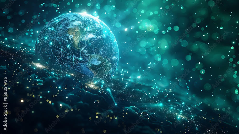 Wall mural global network concept globe with interconnected lines on greenish-blue bokeh background