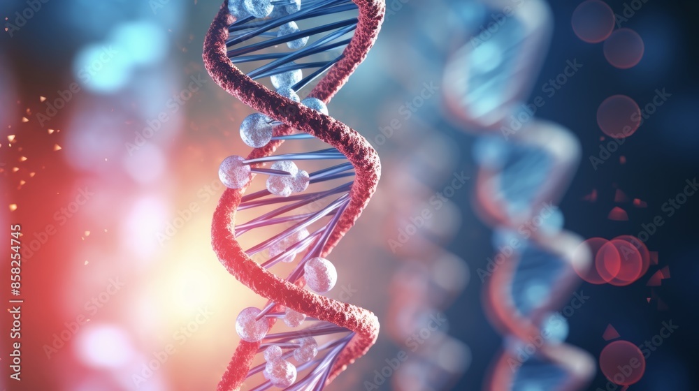 Aufkleber A dynamic animation of a digital DNA molecule, its structure interacting with environmental factors, showcasing the interplay between genetics and external influences.
