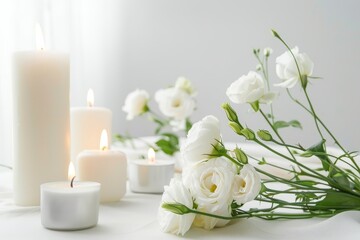 In the room, an elegant table setting is set with eustoma flowers and candles for the wedding celebration