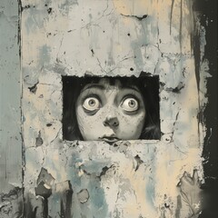 Girl looking scared through a hole in the wall.