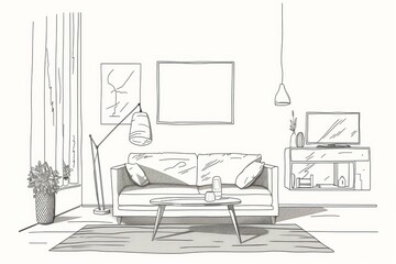 Fototapeta premium Modern interior drawings with sofa, couch, lamp, coffee table, mirror, TV, rug, pillow, sections, elevations, floor plans.CAD files.