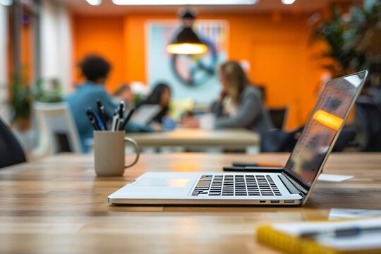 Computer, meeting or training with man and woman employee team in boardroom for development, working collaboratively in modern office.