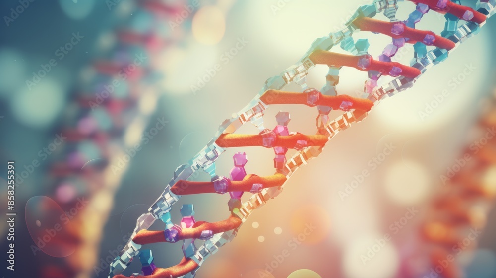 Poster a dynamic animation of a digital dna molecule, its segments unzipping and replicating, showcasing th
