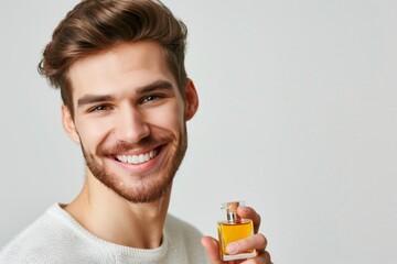 Fototapeta premium An isolated and white background with a man and fragrance in a studio, giving advice on self-care, wellness, and natural cosmetics for the face. It consists of an isolated and white background with
