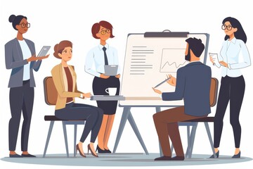 The presentation of business, woman, employee and company project, FAQ and training for the project. Briefings, collaboration meetings, and discussions for the pitch, presenter, and co-workers.