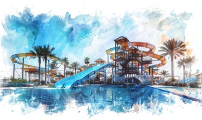 paradise beach waterpark photos Digital illustration, white background, watercolor style