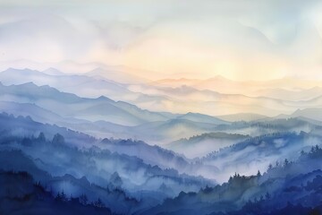 Capture a serene, panoramic view of a pristine mountain landscape at dawn Use soft, pastel watercolors to bring out the ethereal glow,