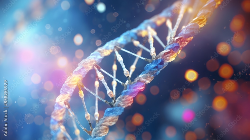 Poster a dynamic animation of a digital dna molecule, its structure interacting with personalized medical t