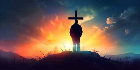 Man praying before illuminated cross silhouette against colorful sky digital watercolor style. Concept Religious Devotion, Spiritual Connection, Illuminated Cross, Colorful Sky