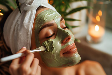 A vibrant photo of a person applying a cannabis-infused facial mask, with the product packaging visible, set in a luxurious home spa environment
