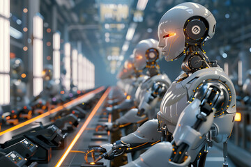 Fototapeta premium A high-tech factory with robots on an assembly line, manufacturing car body parts efficiently.