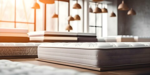 Contemporary mattress showroom with diverse mattresses and pillows on wooden platforms. Concept Mattress Showroom, Diverse Options, Wooden Platforms, Contemporary Design, Comfortable Pillows
