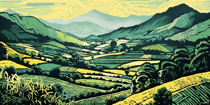 Colorful layered mountain landscape lino cut print of green fields and nature. Concept Lino Cut Print, Mountain Landscape, Green Fields, Nature, Colorful Art