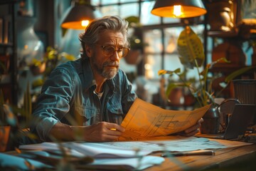 Senior Man Working on Plans in a Workshop Setting
