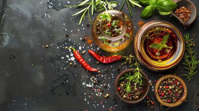 Spices and Herbs on Dark Background