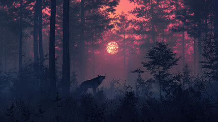 Wolf howling at dusk in a deep forest