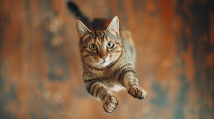 Obraz premium Capture a whimsical perspective of a cute cat in mid-leap from above,