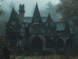 Gothicstyle house with pointed arches and dark, intricate details, surrounded by a misty forest, gothic house, pointed arches, misty forest
