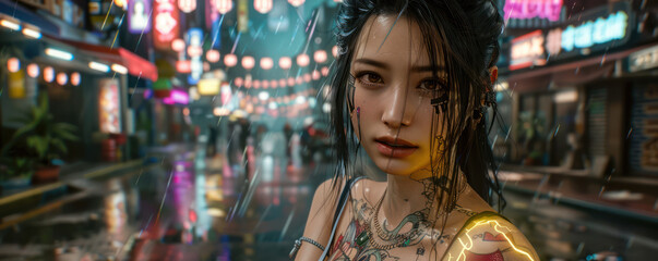 Mysterious Woman in Cyberpunk Cityscape Intriguing Expression, Neon Lights, and Futuristic Urban Nightlife Imagery with Striking Tattoos and High Tech Elements