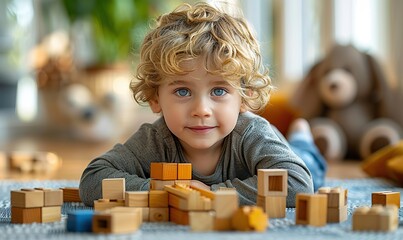 Young boy engaged in imaginative play with wooden blocks, constructing houses in a vibrant playroom. illustration images