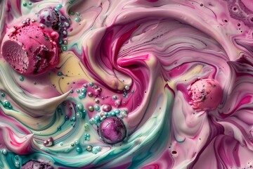 Obraz premium Capture an aerial view of a colorful sorbet ice cream swirl, showcasing vibrant tones and intricate textures in a realistic digital rendering,