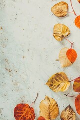 Fototapeta premium Autumn leaves scattered on textured background, space for text