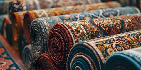 Vibrant carpets rolled up in store for display. Concept Interior Design, Retail Display, Textile Merchandising, Decorative Home Goods