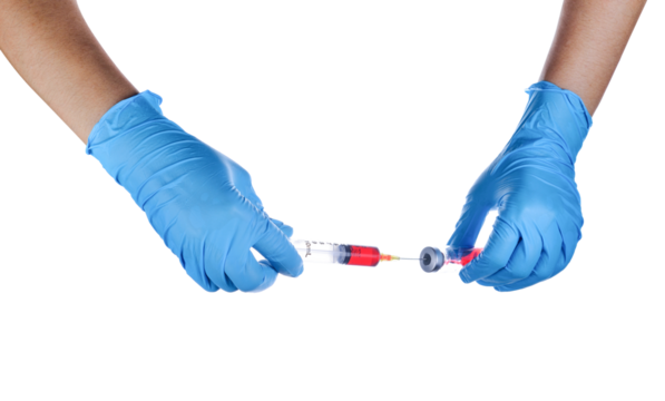 Hand in a blue glove holding syringe transparent png