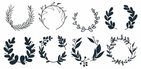 Fototapeta premium Tree branches with leaves and flowers on white background, hand drawn in the vintage style