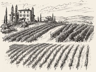 A farm vineyard, landscape field agriculture illustration with houses. I have drawn a modern illustration of a vineyard, landscape field agriculture.