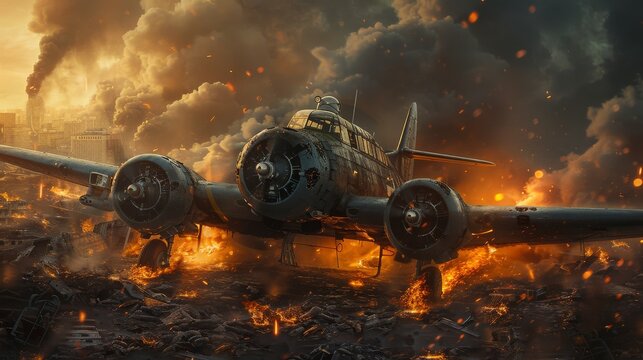 A warplane sits in the midst of a blazing and devastated cityscape, engulfed in flames and smoke, symbolizing destruction, war, and chaos.