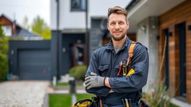 portrait of a smiling Caucasian electrician or Internet network installer in uniform with a tool near the customer's house