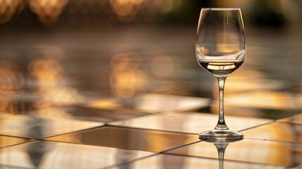 An antique wine glass placed on a reflective table