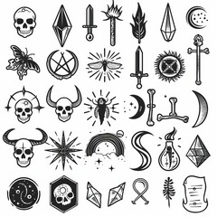 Fototapeta premium Modern element design of hand drawn tattoo illustration. Gothic or mystic theme illustrations on white background. Modern element set.