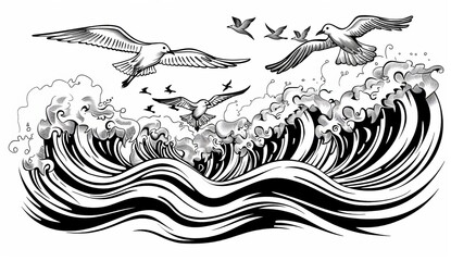 The seascape with waves and seagulls is a marine concept sketch with birds and sea. A vintage engraving style modern illustration is used in this illustration.