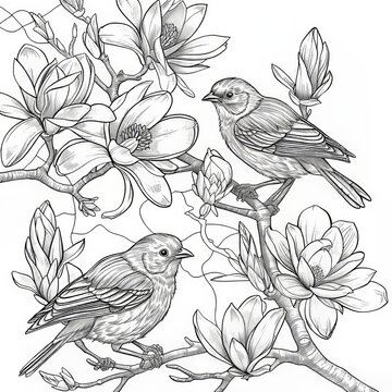 recommend clip art: An art therapy coloring book that helps children and adults de-stress and connect with nature. Handdrawn birds and flowers in a vintage style.