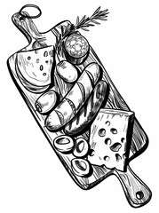 Typical Italian dishes. Handdrawn illustration. Vector. Ink drawing.