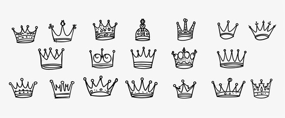 Icons of crowns doodle collection. Archetypes of kings and queens. Modern illustration.