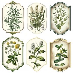 The collection includes vintage storage labels with herbs and spices. Mustard, basil, cumin, anise, saffron, and more.