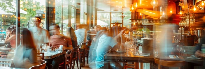 A vibrant restaurant scene with blurred figures dining and chatting, capturing the lively atmosphere of a busy evening. Plenty of copy space for text or branding