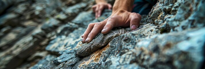 A close-up photo of a climbers hand gripping a rocky ledge during a mountain ascent. The climbers teammate is visible in the background