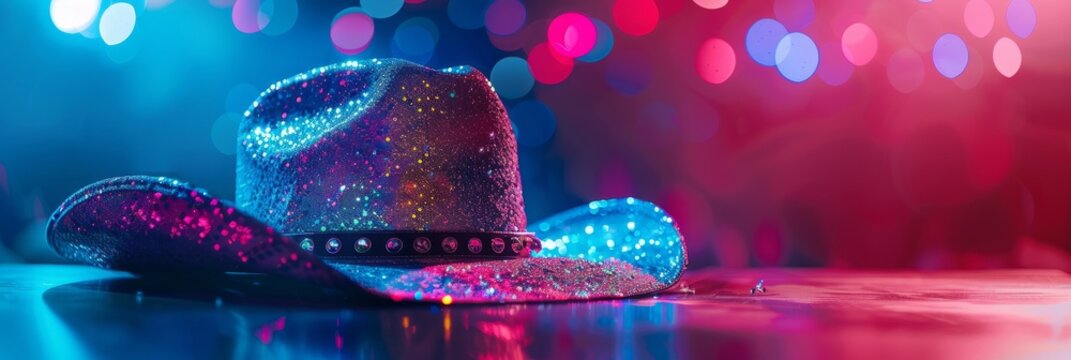 A close-up photograph of a dazzling, holographic cowboy hat adorned with sparkling crystals. The hat rests on a stage, illuminated by colorful stage lights - Powered by Adobe