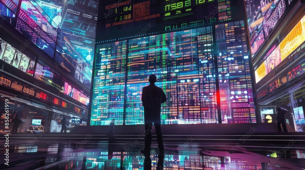 Poster silhouette of a man in front of a large digital display in a futuristic cityscape, immersed in techn