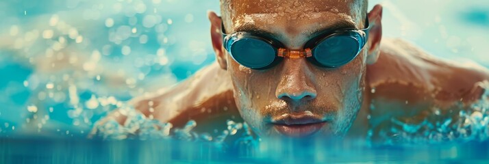 Naklejka premium A determined male swimmer, with goggles on, practices his strokes in a pool with focus. Head above water, he looks straight ahead