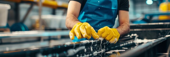 A worker wearing a blue apron and yellow gloves cleans a machine with soapy water. The image has copy space on the right