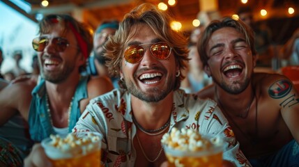 A group of friends is having fun, enjoying popcorn and drinks at an event, with one of them wearing sunglasses and a tropical shirt, showcasing a lively moment.